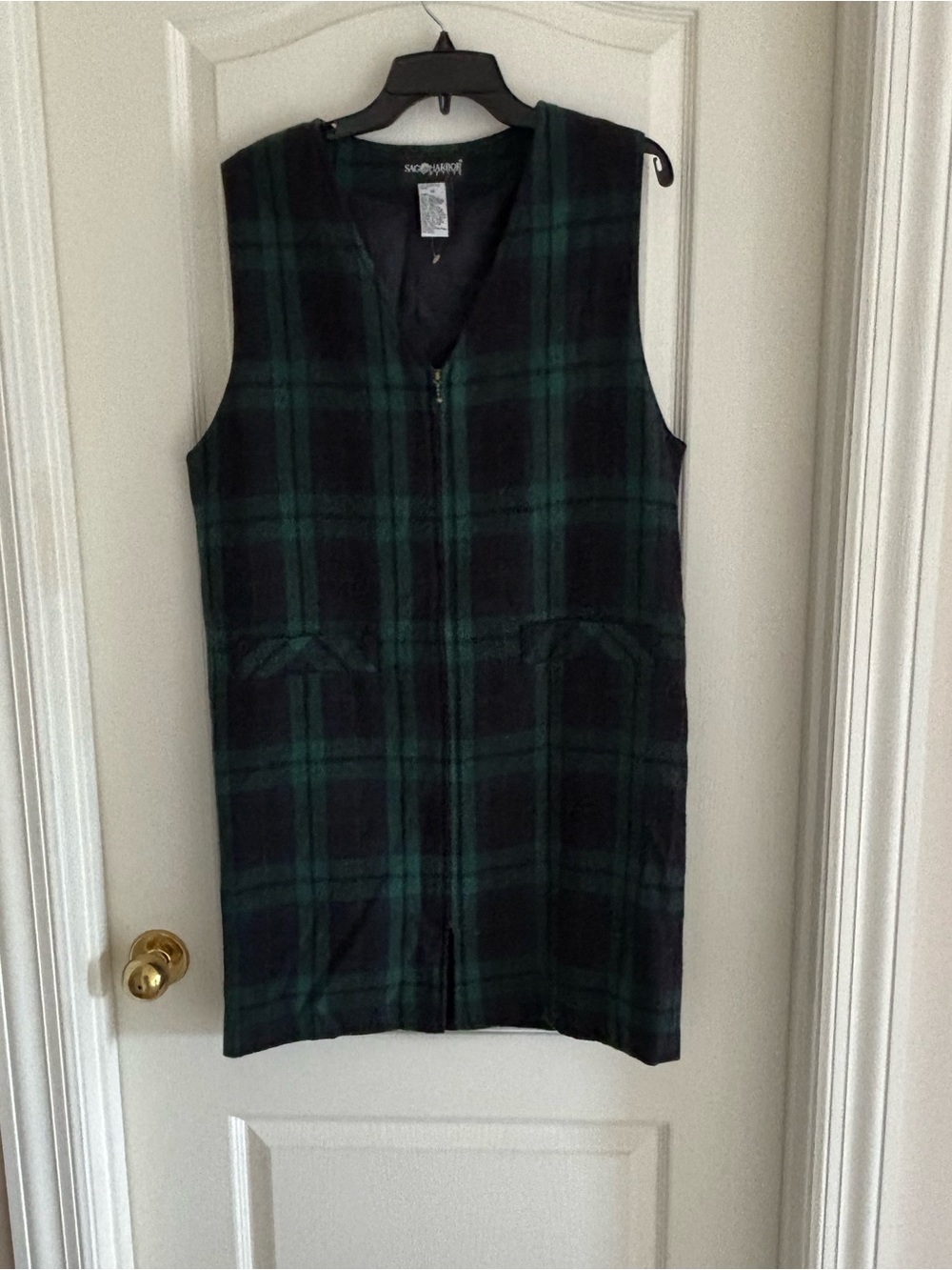 Sag Harbor Petite sz 12P blue green plaid jumper pinafore dress Vintage 90s